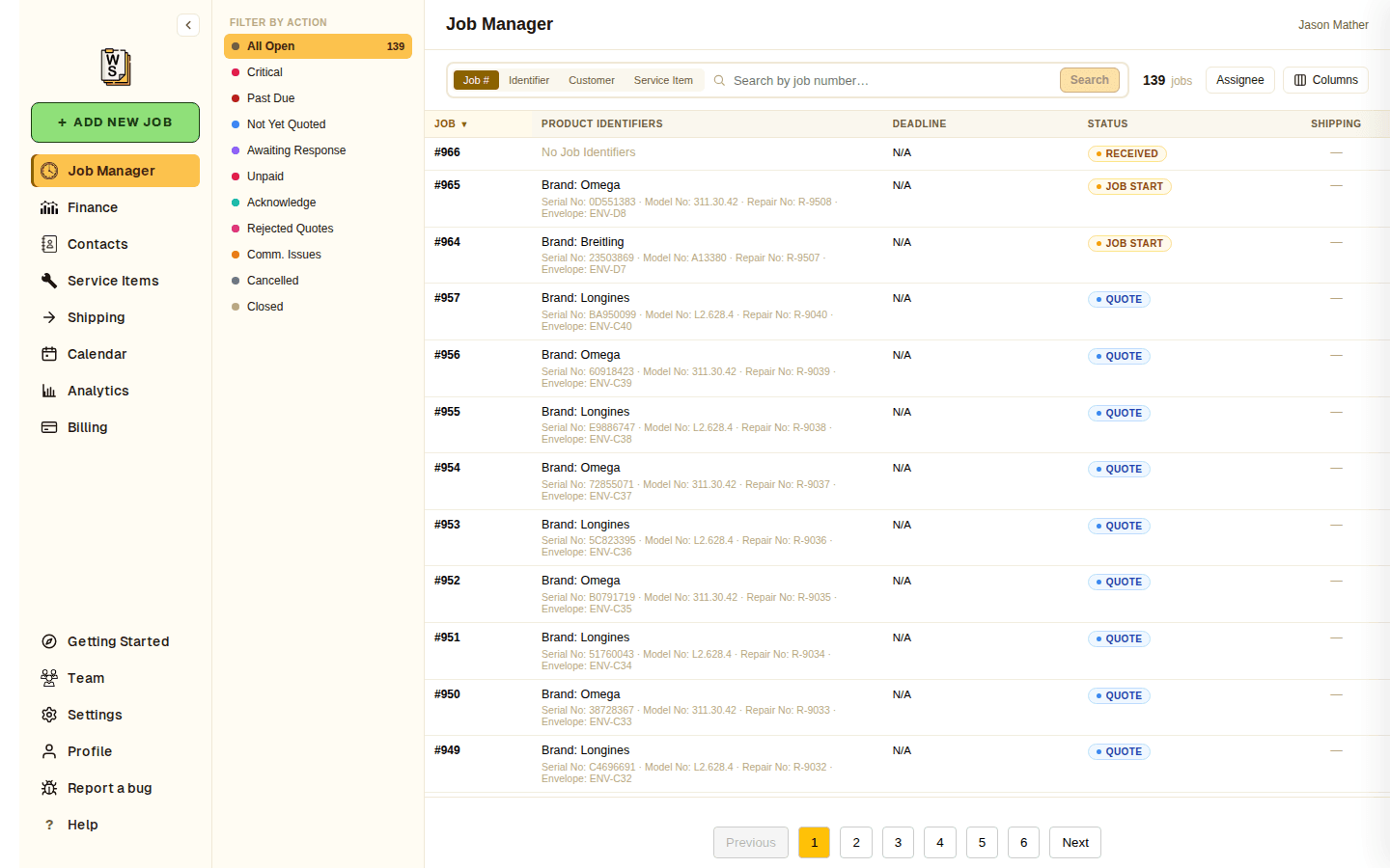 WatchSheet job manager showing repair jobs by status