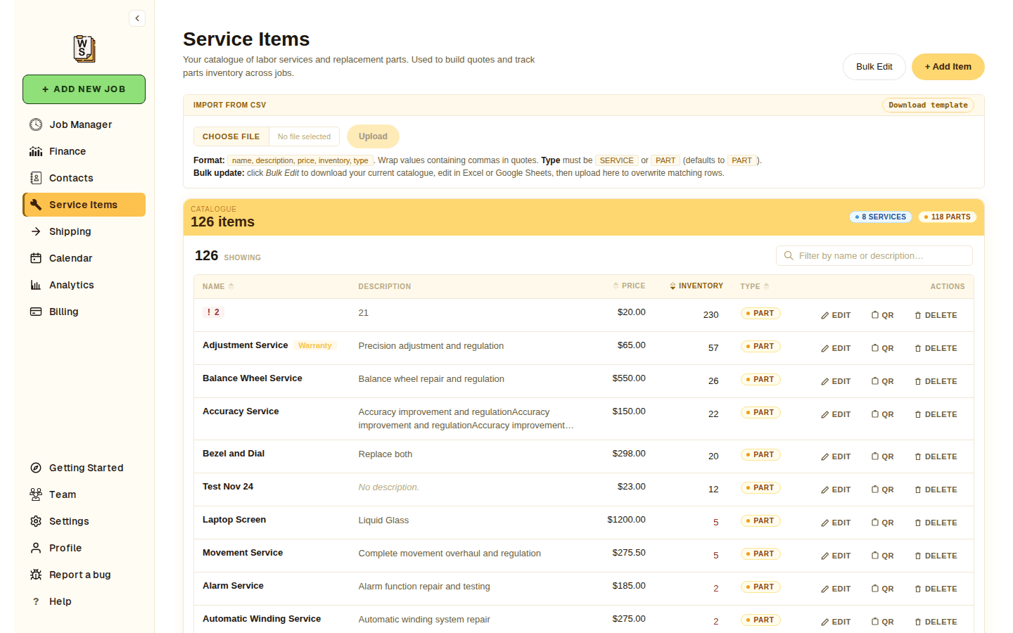 Service item catalog with pricing and inventory levels